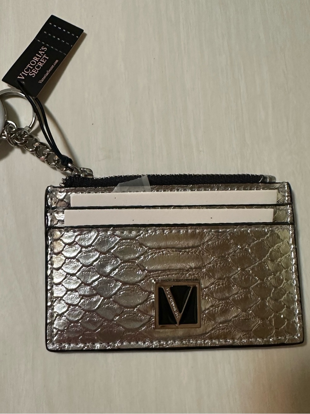 Victoria's Secret Metallic Snake-Embossed Cardholder Keyring - Silver